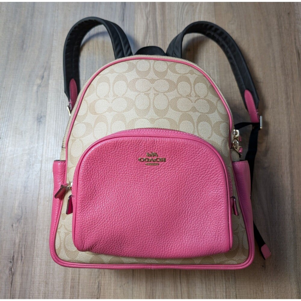 Coach 5671 Court Backpack Signature Canvas & Pebble Leather Light Khaki Petunia